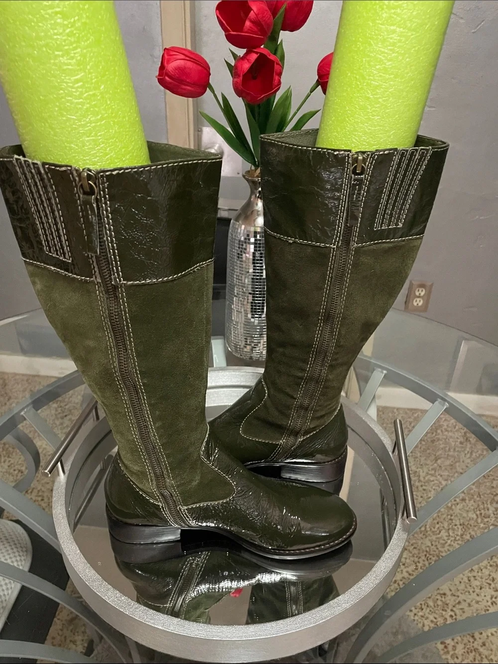 Boden Women's Knee-High Olive Green Suede & Patent Leather Boots GUC Sz 9/39